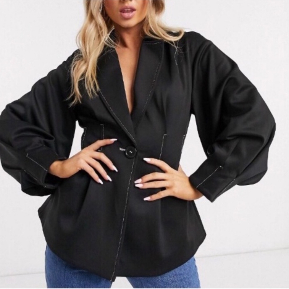 NWOT ASOS Black Waisted Corset Balloon Sleeves & White Thread Trim Jacket Size 4